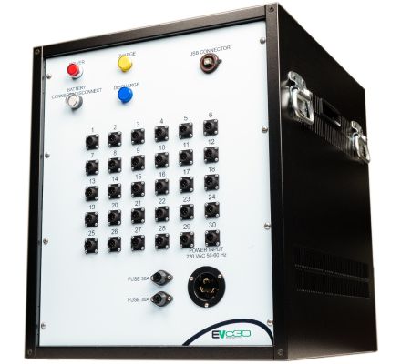 Black hybrid battery diagnostic and testing unit with multiple connector ports.
